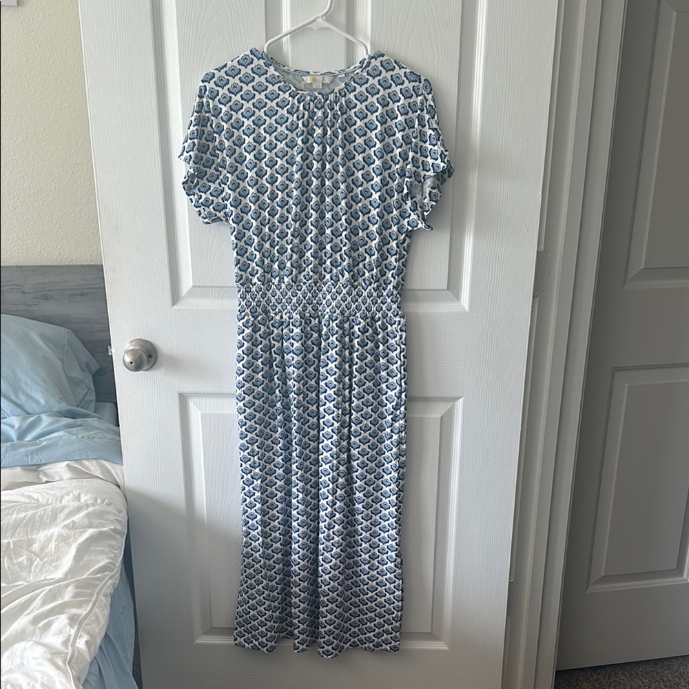 Boden Blue and White Patterned Midi Dress